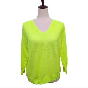 J. Crew Neon Yellow Slub Thin Sweater Size Small 3/4 Sleeves Bright Fun V-Neck
